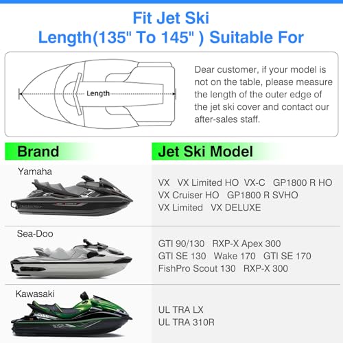 Jet Ski Cover, Compatible with Yamaha, Seadoo, Kawa, Jet Ski Covers with 2 Air Vents, 300D Duty Waterproof Oxford Fabric, from 135\"-145\" 1or 3-Seater Watercrafts