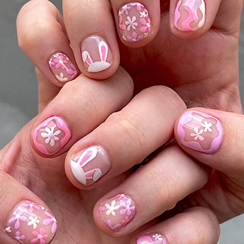 Easter Rabbit Press on Nail Short Square Bunny Flower Fake