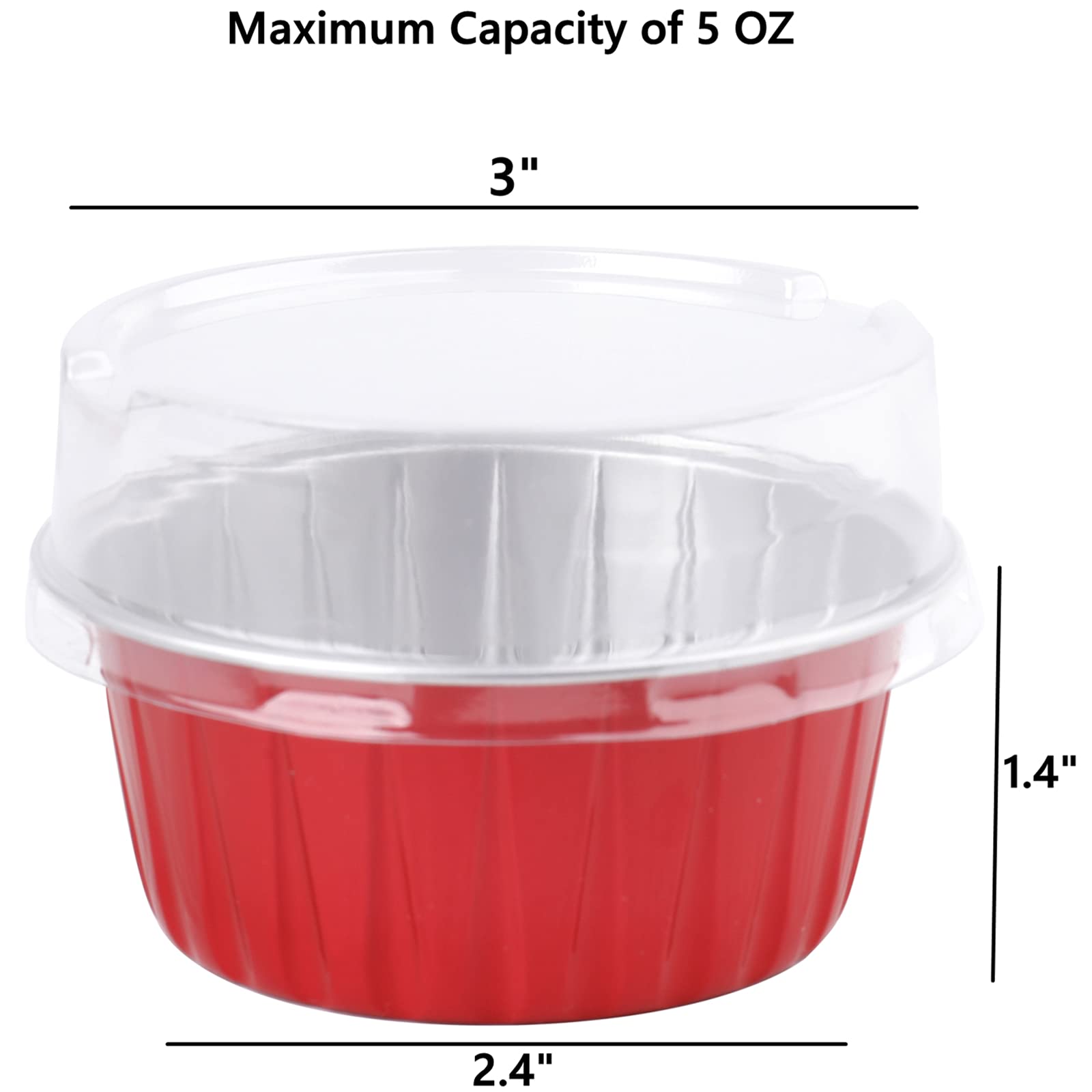 DEAYOU 100 Pack Aluminum Foil Cupcake Liners with Lids, 5oz Round Ramekin Baking Cups, Disposable Tart Pie Tin Pan Holder, Mini Cake Containers for Pudding, Party, Wedding, Oven Freezer Safe, Red