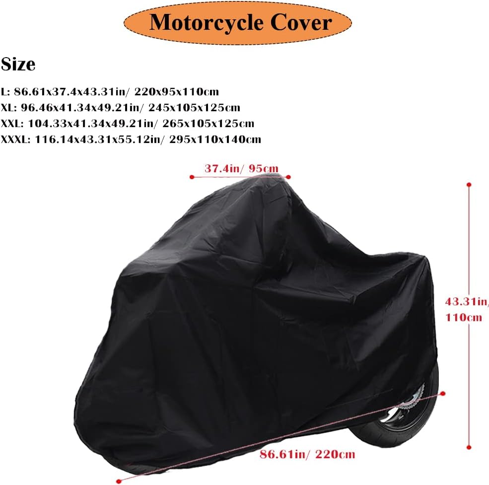 Motorcycle Cover Waterproof Motorcycle Bike Covers Outdoor Protector Motorbike Covers with Mini Lock&Storage Bag (XXXL: 116.14x43.31x55.12in)