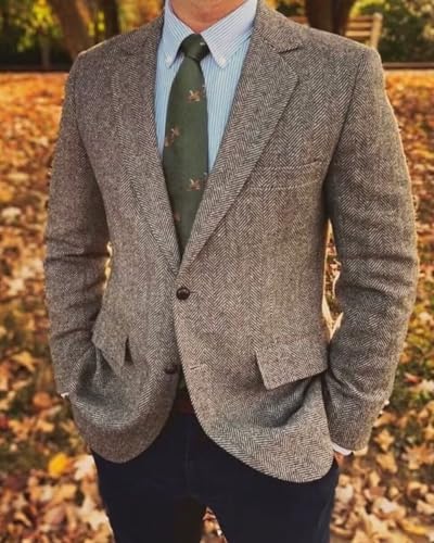 HUUTOE Tweed Blazer Men Vintage Casual Herringbone Tweed Suit Jackets Two Button Notch Lapel Wool Blend Sports Coat4