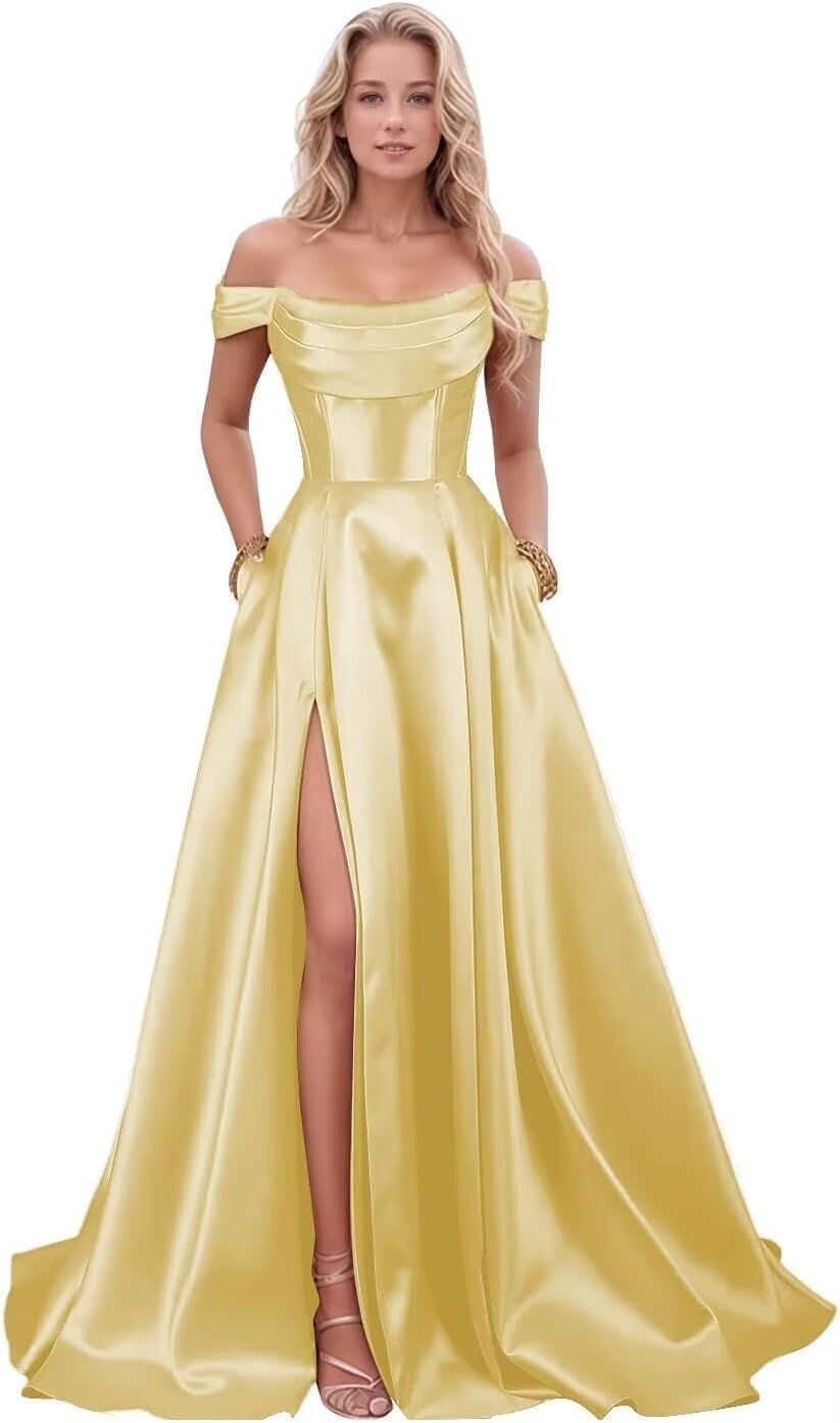 Satin A Line Prom Dresses with Slit Long 2026 Off Shoulder Ball Gown Corset Formal Evening Party Gowns LE044