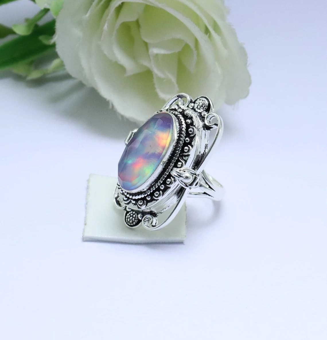 Aurora Opal Poison Ring | 925 Sterling Silver Locket with Secret Compartment | Handmade Large Box | Gift for Her | Secret Stash Jewelry