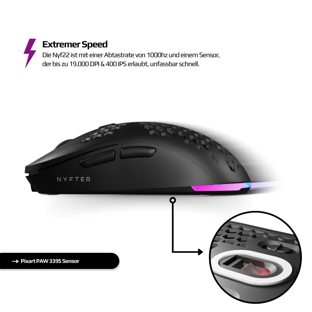 Nyfter - NYF22 Wireless Gaming Mouse Ultraligero 75g Potente con 400mA 19K DPI, 400 IPS 1000 Hz 50h Duración de la batería Duradera Dos Cases intercambiables Incluye