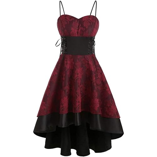 Halloween Renaissance Dress Black Plus Size Gothic Dresses Sleeveless Medieval Dress Floral Lace Up Babydoll Dress