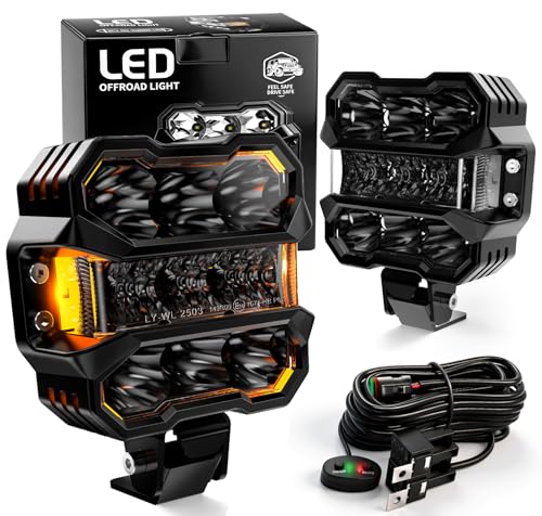 AUDEXEN 4.5 Inch LED Pods Lights 110W - Offroad Driving Light with Amber Side Marker, 800% Bright White & Amber Combo Work Lights Flood Spot Beam, LED Cubes Fog Lamp for Jeep Trucks ATV UTV RZR SUV