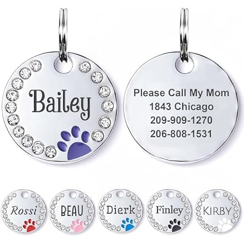 Personalized Dog Cat Cute Paw Pet ID Tag,Stainless Steel Pet ID Tags,Diamond Dog Tags,Personalized Dog Tags Engraved for Pets On Both Sides,Customized Dog Tags and Cat Tags,Purple Cover