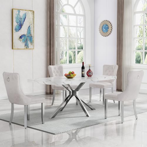 Modern Dining Table Set for 4, 70 in Rectangular Faux Marble Table with Silver Stainless Steel X Base, 4 Beige Velvet Tufted Chairs, 5 Piece Luxury Dining Table Set for Kitchen Dining Room, Apartment