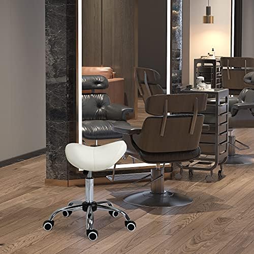 HOMCOM Cosmetic Stool 360° Rotate Height Adjustable Salon Massage Spa Chair Hydraulic Rolling Faux Leather Saddle Stool Mobility, Cream