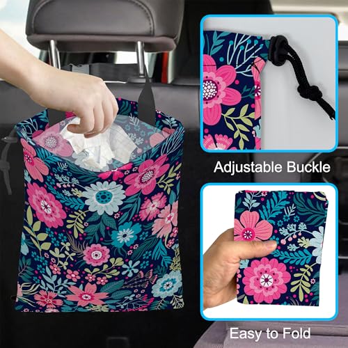 Image of Car Trash Bag Hanging Tropical Flower Trash Can Waterproof Garbage Bag Hanging for Car Back Seat with Adjustable Straps and Drawstring for Car Accessories Vehicle Travelling