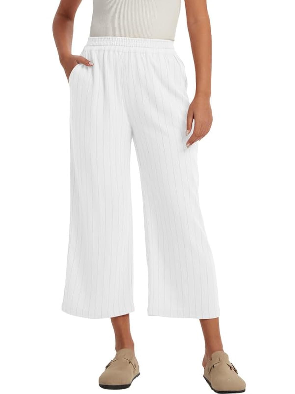 Les umes Damen Weitbeinige Hose Hochtailliert Leinen Viskose Mix Harem Plus Size Crop Elastische Taille Sommer