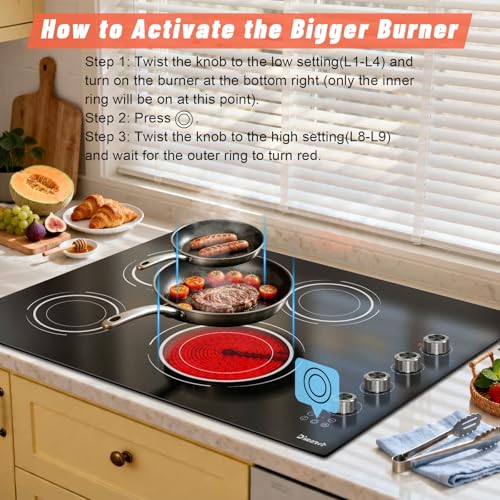 Image of 30 Inch Electric Cooktop (Cut-out Size: 29.13 inchx19.3 inch) 4 Burner - 30 Inch Built-in Ceramic Stove 6700W, 30 inch Electric Burner with Timer, Safety Lock, 240V Hard Wired (Black-Sliver Knob)