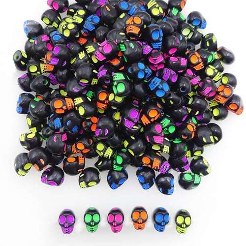 200+ Pcs 13x10mm Halloween Skull Beads for Jewelry Making Bracelets Necklaces Key Chains Large Black Acrylic Mixed Skeleton (Colorful on Black)