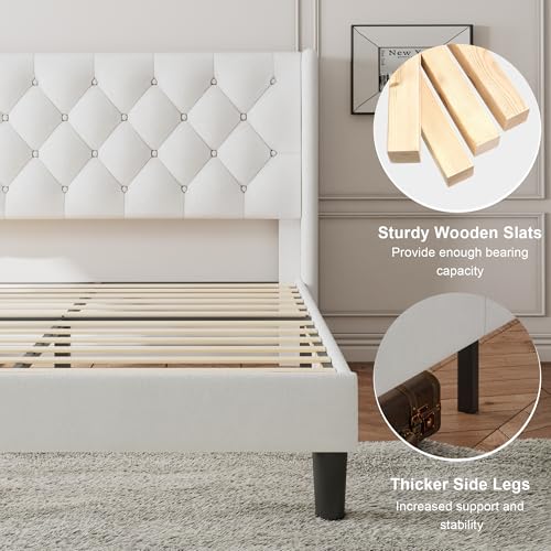 Image of Feonase Queen Size Bed Frame with Diamond Tufted Wingback Headboard, Upholstered Platform Bed, Sturdy Wooden Slats Support, Noise-Free, No Box Spring Needed, Easy Assembly, White