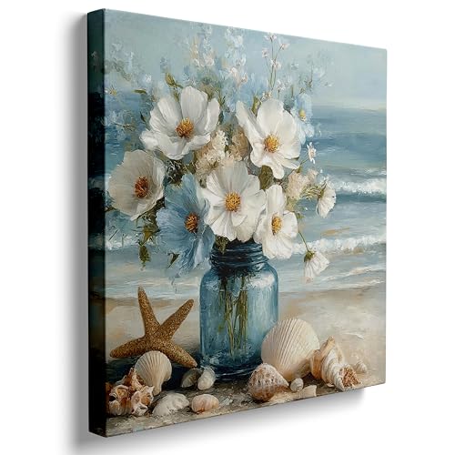 DUFIPOR Bathroom Decor Beach Wall Art,Blue Ocean Coastal Canvas Pictures