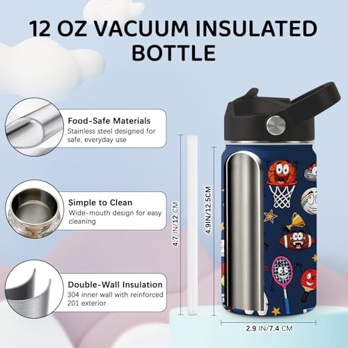 Image of Sports Water Bottle for Son & Daughter, Stainless Steel Insulated Tumbler with Straw Lid and Handle, 12oz Reusable Leak-Proof Bottle for Sports