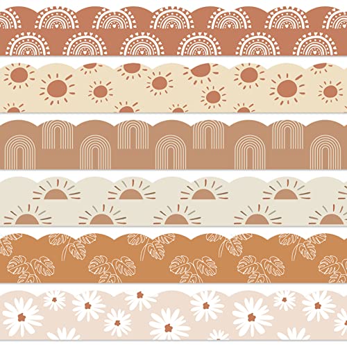 Image of Whaline 82Ft Modern Boho Bulletin Board Borders 6 Designs 72 Pcs Self-Adhesive Retro Floral Daisy Sun Rainbow Trim Border Classroom Decorations for Back to School Office Party Wall Decor
