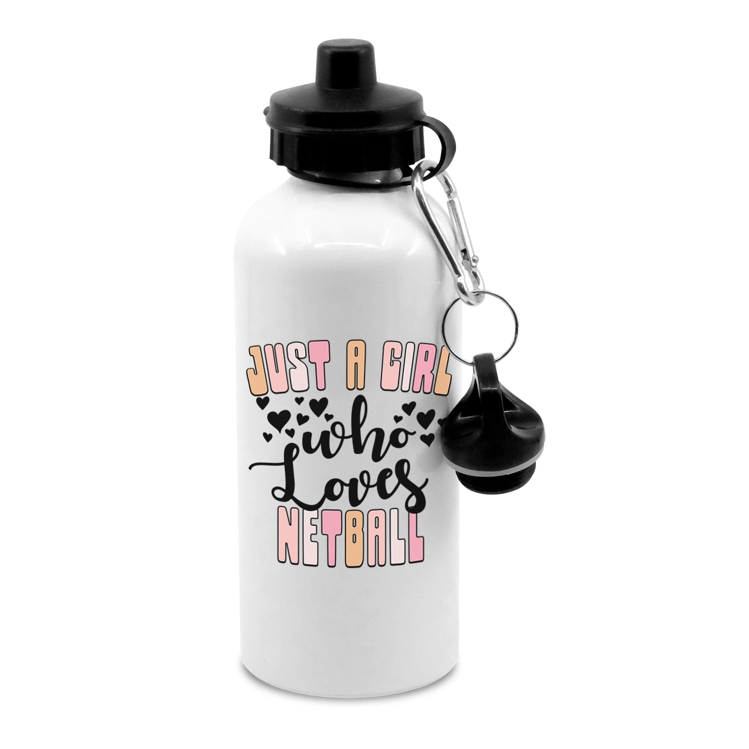 New Spirit Original Girls Orange/Black Pastel Pinks/ Text With Text And Hearts, Just A Who Loves Netball Water Bottle With Clip, Drinks Bottle, Drinks Cup, Water, Hydrate, Water, Ball Sports
