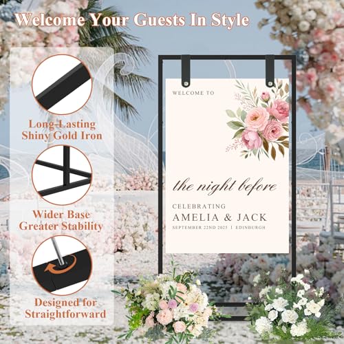 JCMCDO Elegant Wedding Sign Stand Holder, Sturdy Wedding Welcome Sign Holder with 8 Pair Satin Ribbon & 2 Leather Strap for Seating Charts & Event Decor Wedding Seating Chart Stand, Easel for Display (Black) by JCMCDO - Image 4