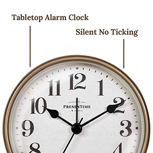 Presentime & Co 4" Vintage Tabletop Alarm Mantel Clock, Desk And Shelf Clock, Silent No Ticking, Rustic Grey Oak And Antique Gold Finish. Tabletop Décor, Home Décor, Farmhouse Décor. #TOP2