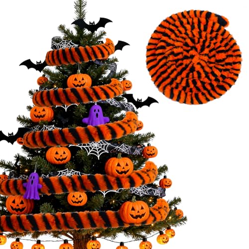 26FT Sandworm Tree Ornament Garland Halloween Nightmare Spooky Black Orange Striped Roll Faux Fur Hanging Worms Decoration Soft Artificial Fur Strip for Winding Christmas Holiday Festive Xmas Party