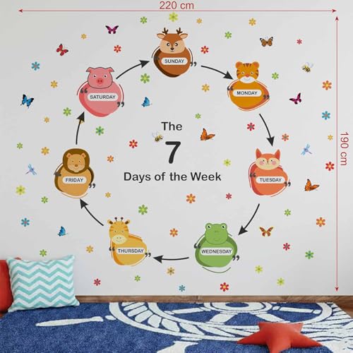 Image of StickMe '7 Days of The Week Animals Baby Kids Learning Education NurseryPre School Kinder Garden Colorful Wall Sticker' (Multi Colour, Vinyl) (Standard Extra Large - 220 x 190 cm)