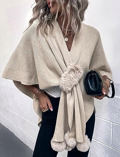 Fashion Cape Shawls for Women Faux Fur Pom Pashmina Wrap Large Scarves Open Front Poncho Cape Soft Cardigan Sweaters3