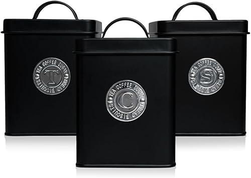 Plexon Juego de 3 recipientes para cocina, recipientes de cocina para encimera, juegos de recipientes con tapas y etiquetas de cobre, color negro