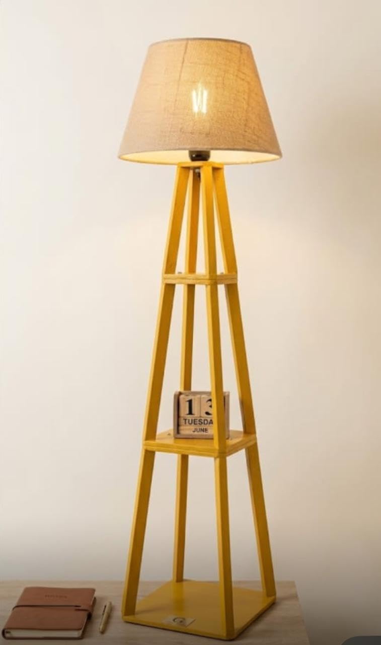 Tripod Floor Lamp with Linen Shade, Wooden Stand with Storage Shelf, Yellow Finish, Modern Home Decor for Bedroom and Living Room