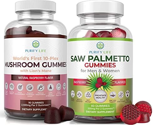 Mushroom Complex & Saw Palmetto Gummies Bundle, Nootropic Brain Supplement, Immune Support, Mood & Stress Relief, Saw Palmetto Prostate Supplements for Men – DHT Blocker for Women Hair Growth