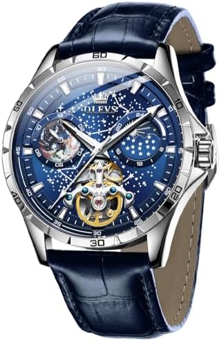 OLEVS Mens Leather Watches Automatic Mechanical Skeleton Tourbill...