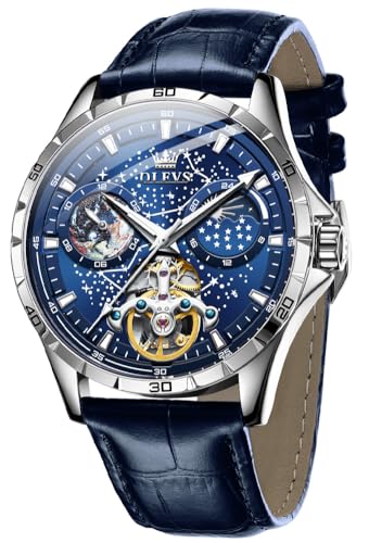 Montre automatique homme en cuir OLEVS avec tourbillon luxe et cadran bleu