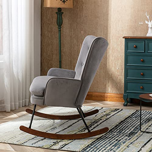 Homvent Velvet Nursery Rocking Chair Modern Upholstered Double Rocker Armchair With Tufted High Backrest Relax Rocking Loveseat Chair Accent Glider Rocker For Living Room, Bedroom, Baby Room, Gray #TOP3