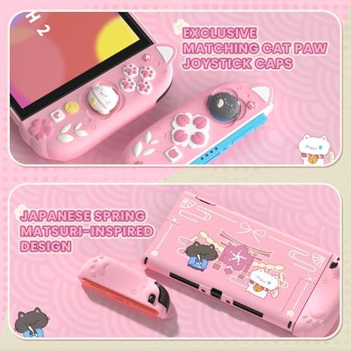 PlayVital Cherry Blossoms Kitten Protective Case for Nintendo Switch 2 with Stand | Cute Cat Ear & Paw Silicone Grips, Dockable Hard Shell, 2 Joystick Caps | Full-Body Protection Cover - Pink - 5