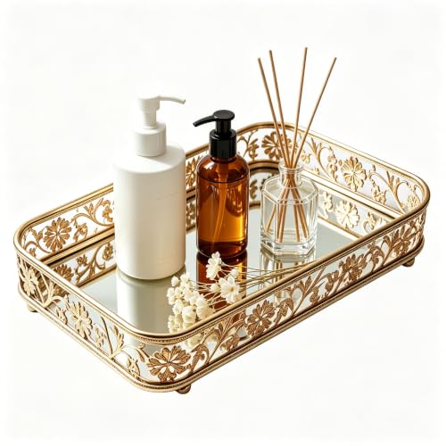 YUEHUA Gold Perfume Tray, Mirrored Vanity Tray for Dresser Bathroom Decor