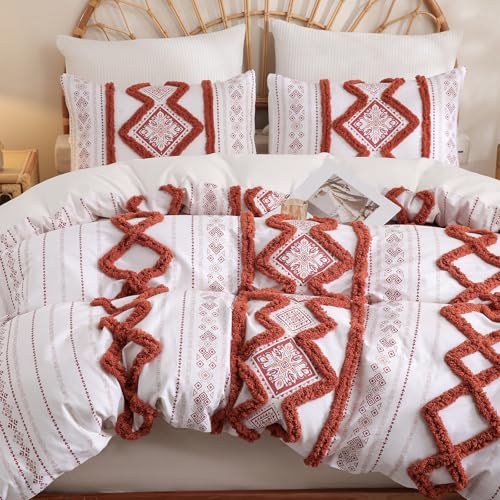 Image of Herside 100% Cotton Boho Duvet Cover Set King Size,Shabby Chic Aztec Western Brick Red Tufted Bedding,Farmhouse Luxury 3 Piece Textured Quilt Duvet Set for All Season Home Decor