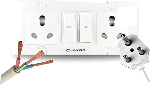 Crexan Extension Board 6/16Amp &amp; 1500/2500W with 16A Switch and 6/16A Socket - 2 with Safety Shutter,2.5 Sq.mm 3 Core Whit...