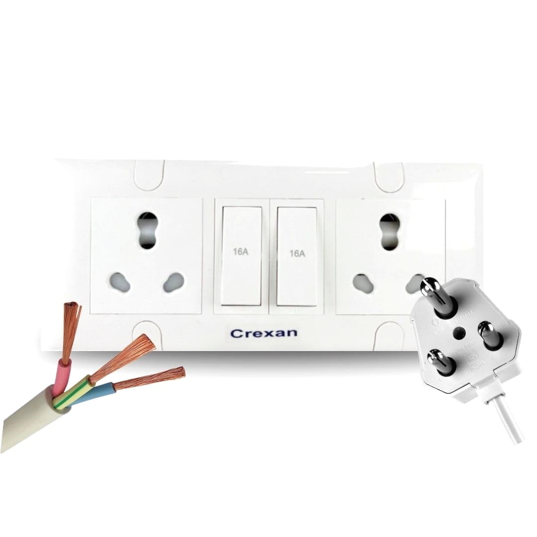 Crexan Extension Board 6/16Amp & 1500/2500W with 16A Switch and 6/16A Socket - 2 with Safety Shutter,2.5 Sq.mm 3 Core Whit...
