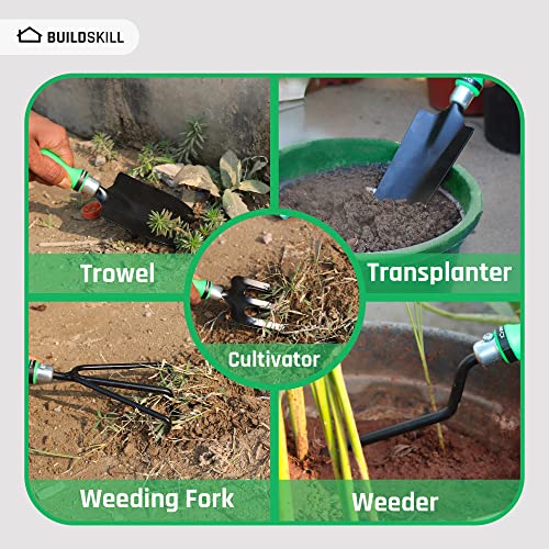 Buildskill GTS010 Gardening/Planting Hand Tool Kit, Rust Free Trowel, Transplanter, Weeder, Hand Rake & Cultivator, Heavy Duty Gardening Tool Kit for Home Gardening (Green) (Pack of 5)