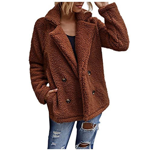 Womens Winter Jacket, Womens Lightweight Jackets Womens Winter Coat Women's Jacket Long Sleeved Winter Plush Lapel Double Button Plush Coat Pleated Trench Coats Double Breasted Peacoat Woman(Coffee,S) #TOP27