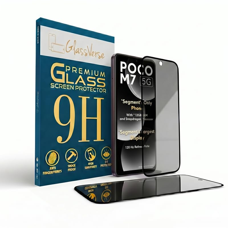 Image of GlassVerse Privacy Tempered Glass for Poco M7 | Anti Spy Screen Protector, 9H Hardness, Edge to Edge, Case Friendly, Hassle-less Installation Kit Included. (Pack of 2)