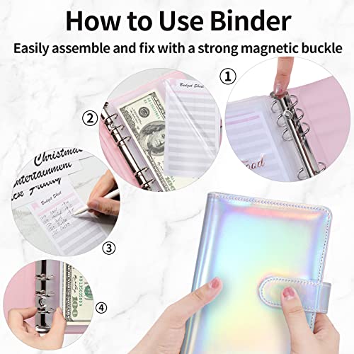 Sooez [Holographic Collection] Money Organizer For Cash, A6 Leather Budget Binder With Zipper Envelopes, 43 Large Rose Gold Sticky Labels & 24 Colorful Budget Sheets, Money Saving Binder For Budgeting #TOP3