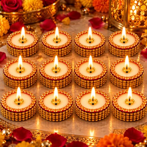 DoorBig Decorative Gel Wax Diya with Gold Rhinestone Work | Set of 12, Pooja & Temple Use, Round Shape, Gold Stone Studded, Diwali Home Decor