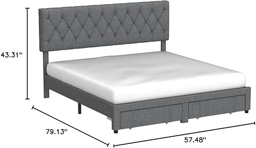 Miniatura 3 de GAOMON Base de cama de tamaño matrimonial con 2 cajones de almacenamiento, base de cama tapizada con cabecera capitonada con botón ajustable, base