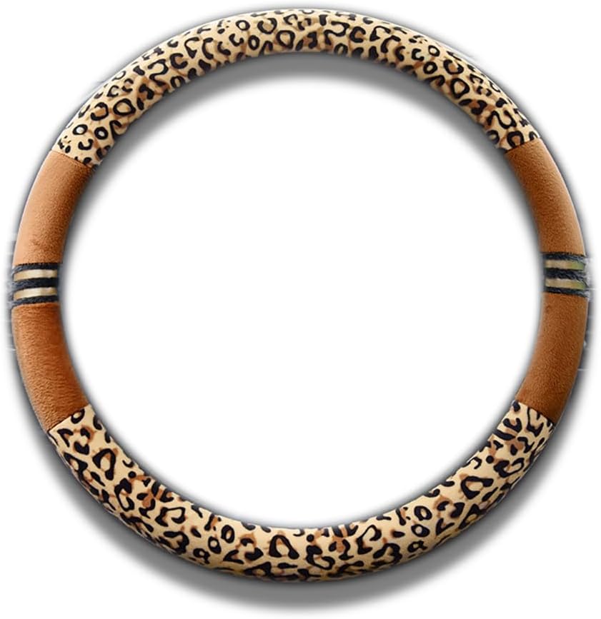 INEBIZ Luxury Leopard Print Fashionable Plush Car Steering Wheel Cover, Universal Fit, Keep Warm for Car SUV (Beige+Brown)