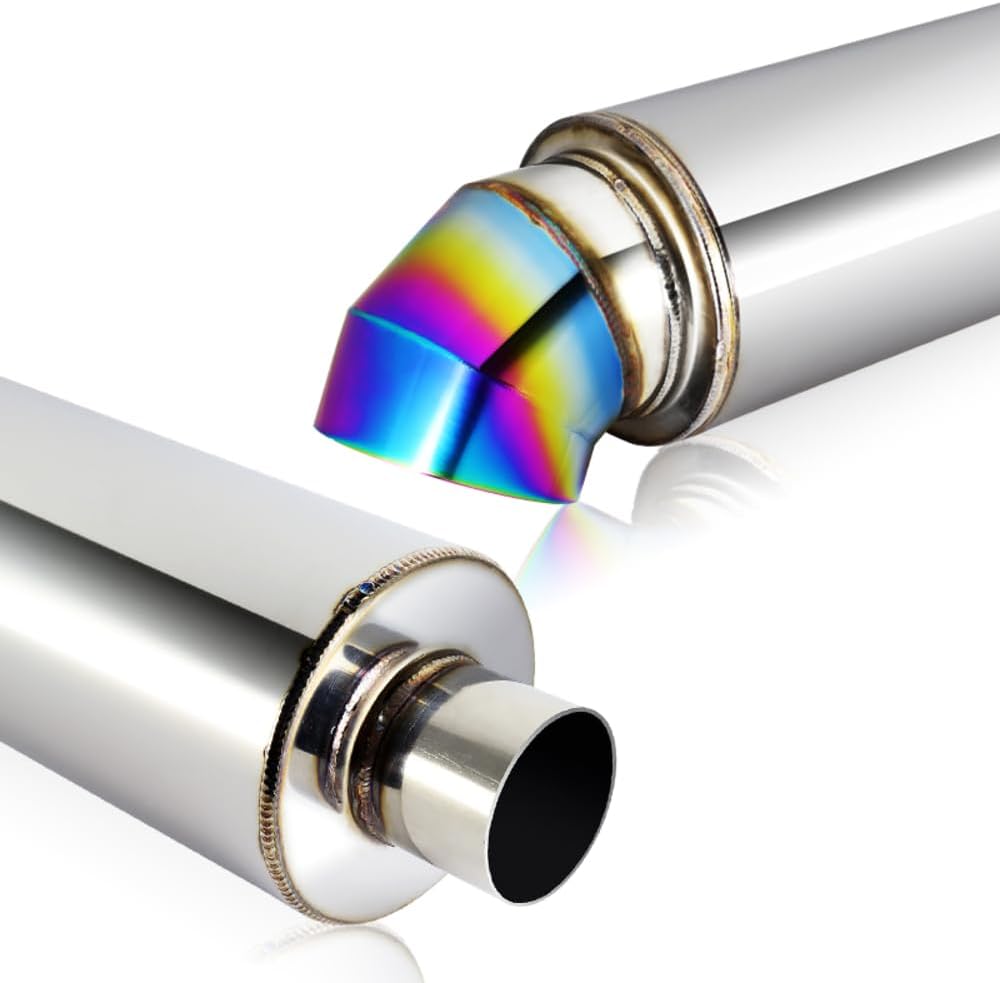 Universal 4" Outlet Cutter Knife TurnDown Tip Style Muffler Hi Flow Stainless Steel Weld-On 2.5" Inlet, Turn Down Muffler, Deep and Smooth Tone (Rainbow Burnt)