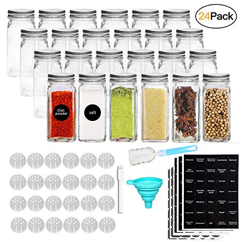 Lot de 24 bocaux à épices en verre avec couvercle shaker - Pot à épices carré avec étiquette, dessus de shaker, bouchon hermétique, stylo à ardoise, entonnoir large
