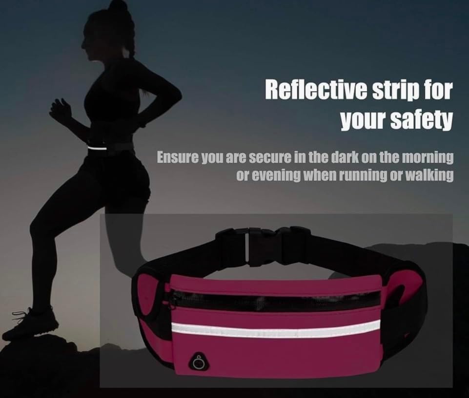 Miniatura 8 de Bolsa deportiva de cintura, impermeable, ligera, rayas reflectantes, tres bolsillos para teléfono, llaves, tarjeta de débitocrédito y una botella