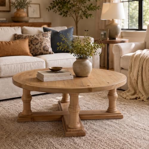 42 Inches Farmhouse Reclaimed Wood Round Coffee Table, Natural | ...