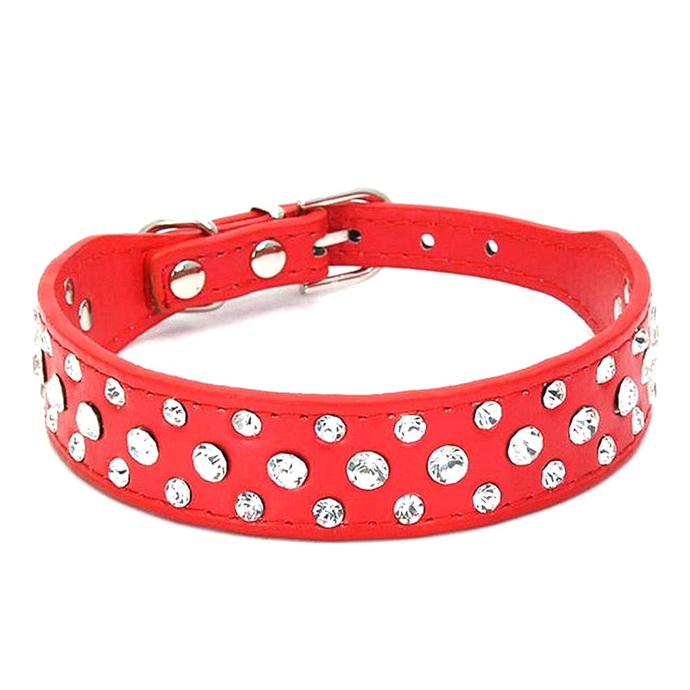 Bbmmayy Rhinestone Dog Collar, Bling Rhinestone PU Leather Crystal Diamond Pet Dog Cat Puppy Collar Black S M L XL (M, Red)